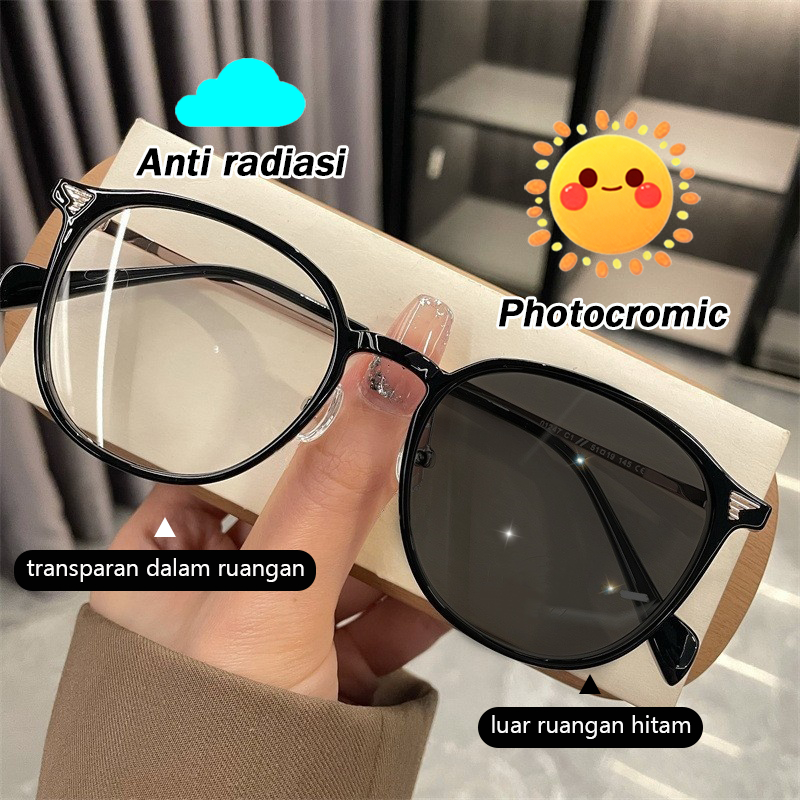 Kacamata Photocromic Minus Korea Anti Radiasi Kacamata bulat Retro Pria Wanita