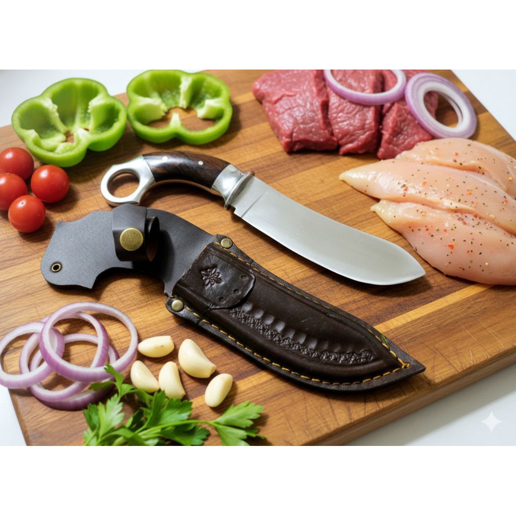 Pisau skinner hss kepis Bullnose, pisau daging serbaguna sarung kulit