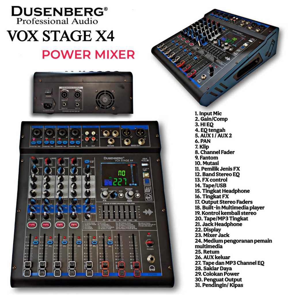 Dusenberg Power Mixer 4 Channel VOX STAGE X4 Bluetooth USB Equalizer Profesional Audio