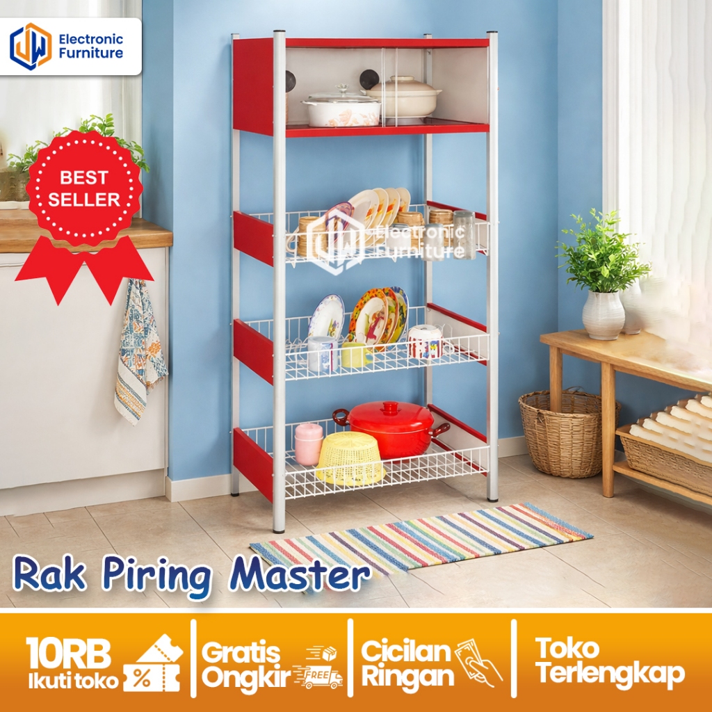 JW - Rak Piring AW Master Bahan Aluminium / Rak Dapur Minimalis 4 Tingkat Merah Biru