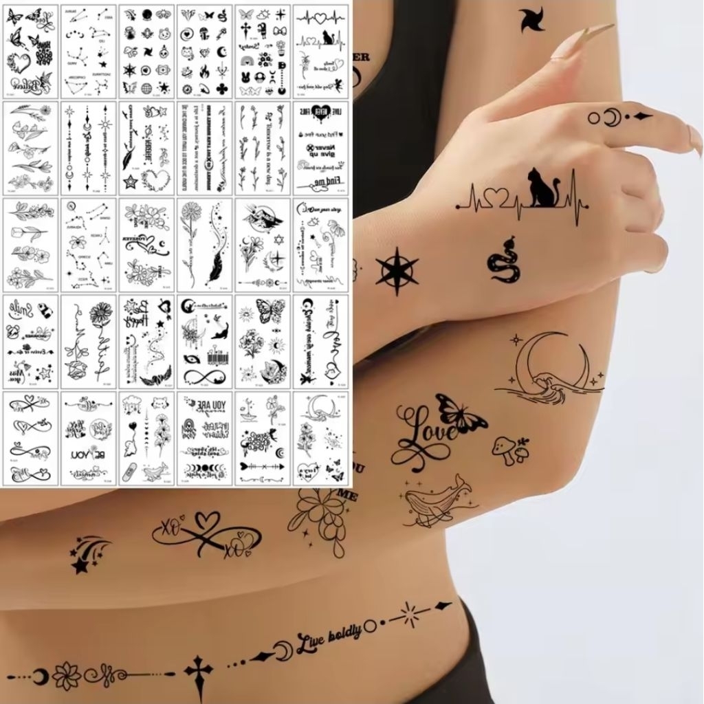 Stiker Tato Temporer Sekali Pakai Motif Kupu-Kupu Bunga Bulu Tato Palsu untuk Wanita Pria Tangan Tub