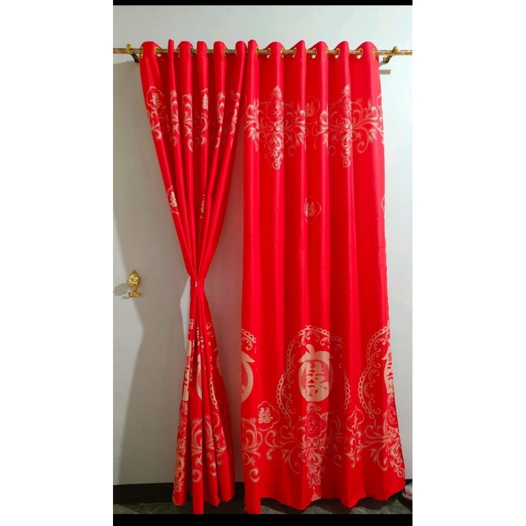 Gorden Smokring Merah Motif China Elegan | Tirai Jendela Mewah Ruang Tamu & Kamar