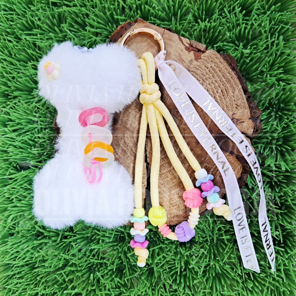 Gantungan Boneka Tulang Bulu Tali Pita Gantungan Tas Boneka Putih Mote