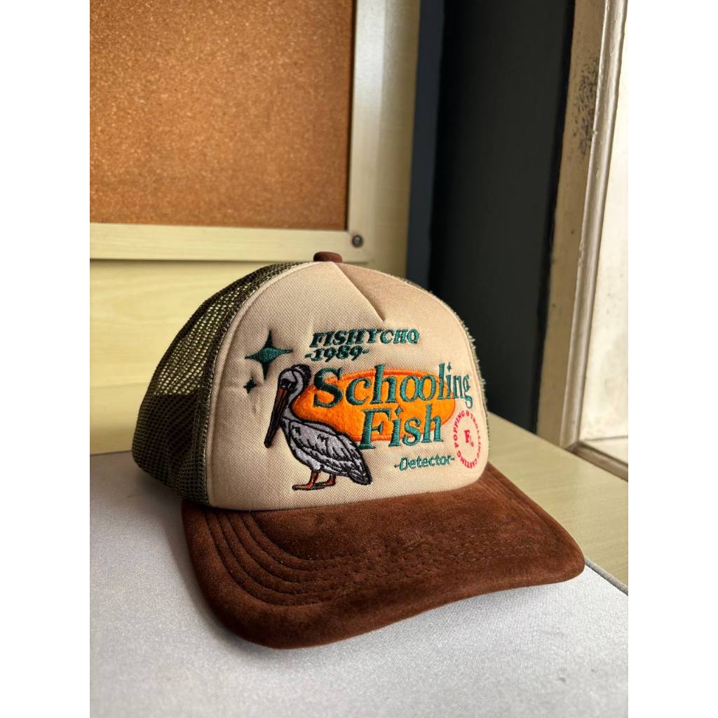 Topi Trucker Hijau Coklat Fishycho Schooling Fish Detector - Fishycho Cap/Hat- Second Preloved Bekas