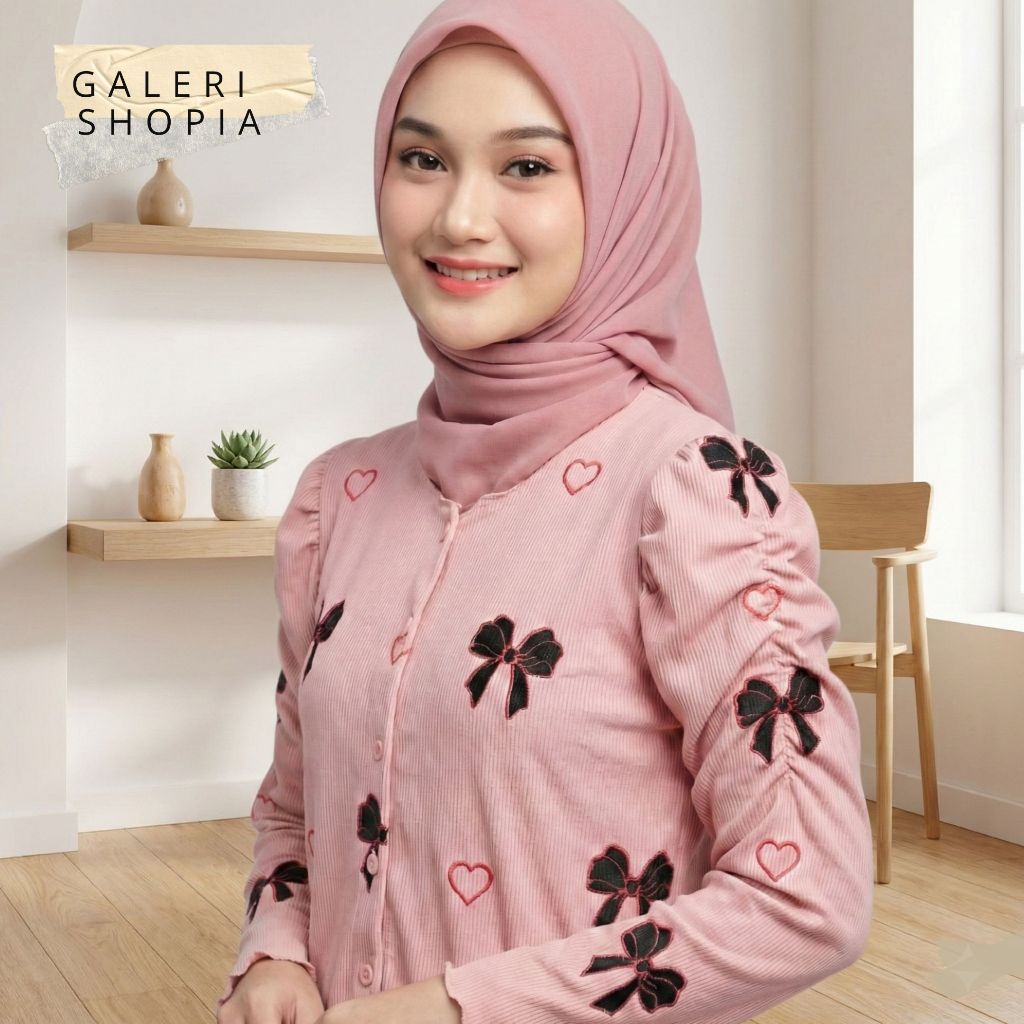 TOP  Cardigan Style Atasan Wanita Knit Korean Cardigan Puffy Motif Serut Blouse Kekinian