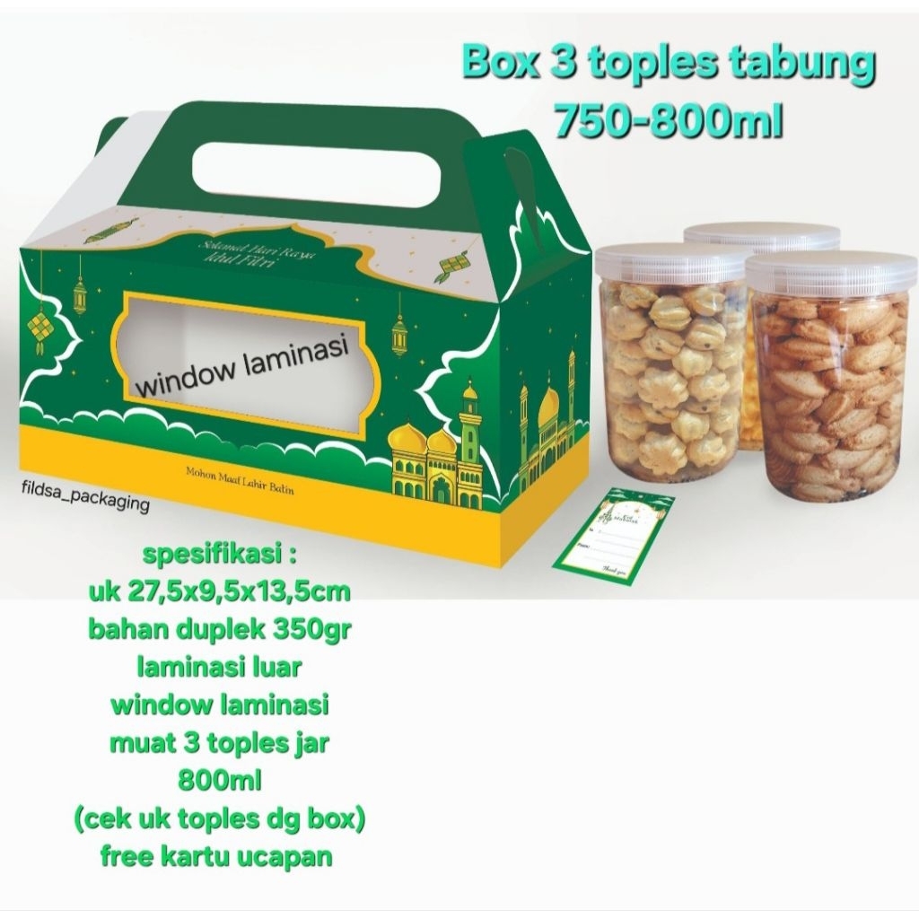 Box untuk 3 toples tabung 750-800ml(box jar 800ml isi 3) ijo