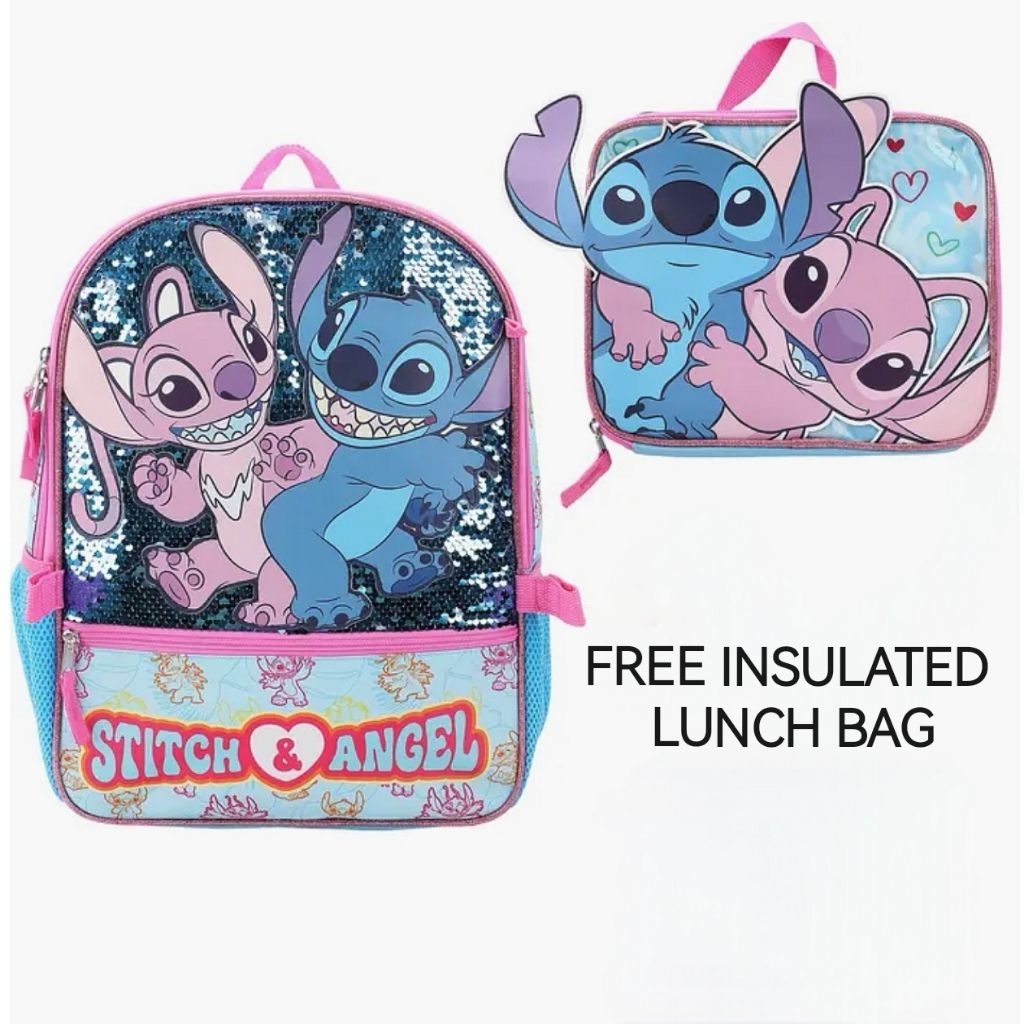 Tas Ransel Sekolah Anak Disney Stitch Angel Sequin Borci Payet Pink Biru SD Backpack Perempuan Origi