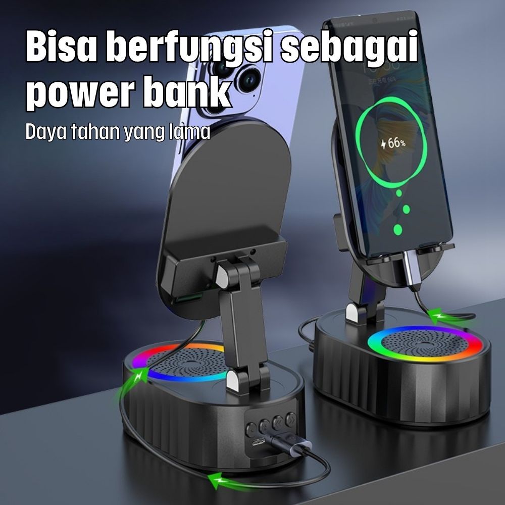 Holder HP Bluetooth Speaker Wireless Charger 5 in 1 Lampu RGB Dudukan HP Portable Powerbank