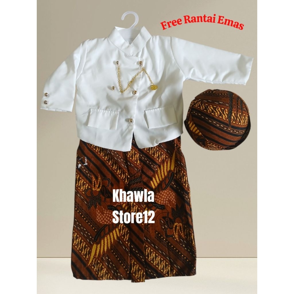 Setelan Beskap Premium Anak Laki/Baju Adat Anak/Motif Batik Coklat(Blangkon Solo)