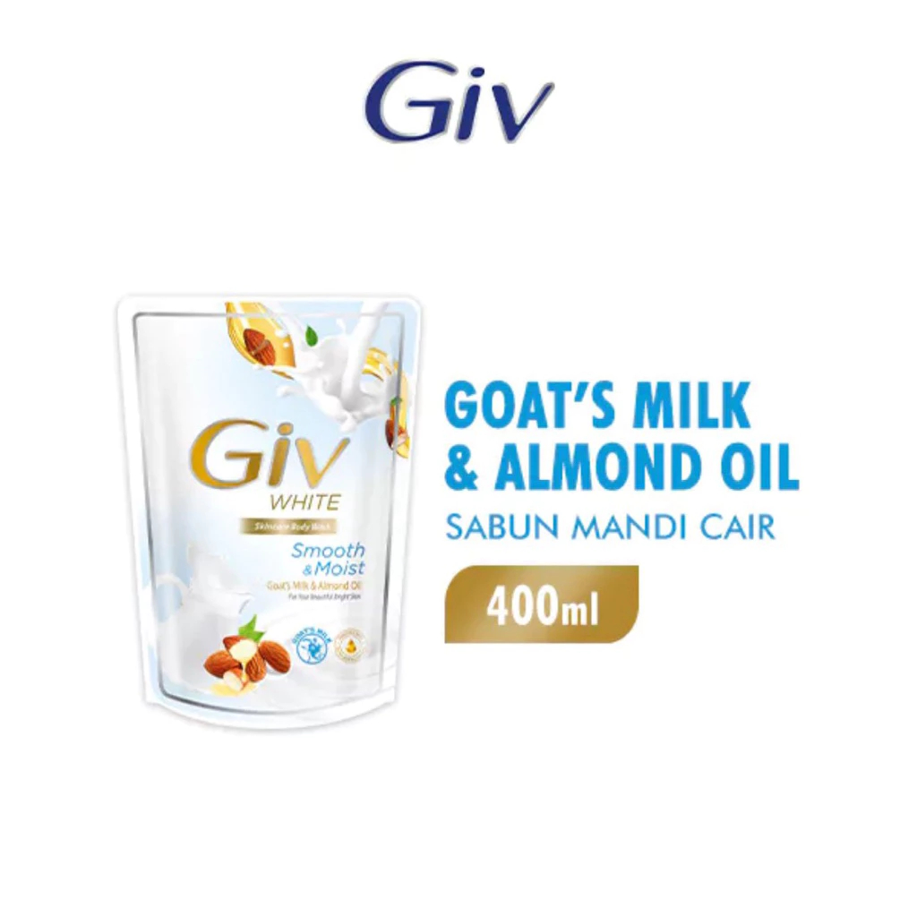 GIV White Sabun Mandi Cair Smooth & Moist Goat's Milk Almond Oil / Lemon & Jojoba Oil Refill 400 ML 