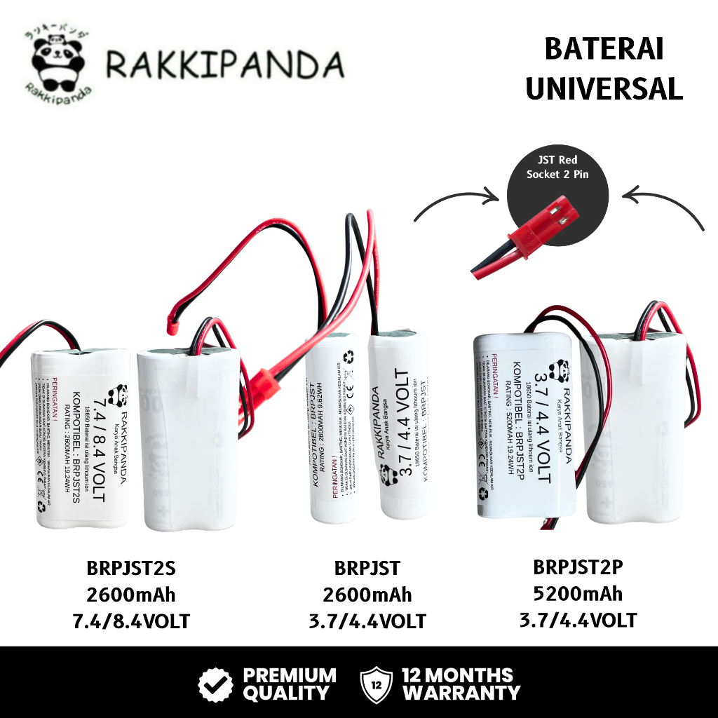 RakkiPanda - Baterai Universal Li-ion 18650 RC Radio Control / Speaker Active Soket JST Merah 2 PIN