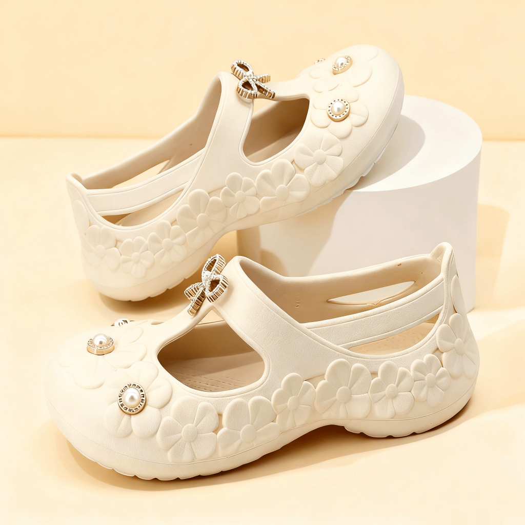 Sunlight Sandal Wanita Model Mary Jane Hiasan Bunga Relief Mutiara dan Pita Kertas Ventilasi Baik Wa