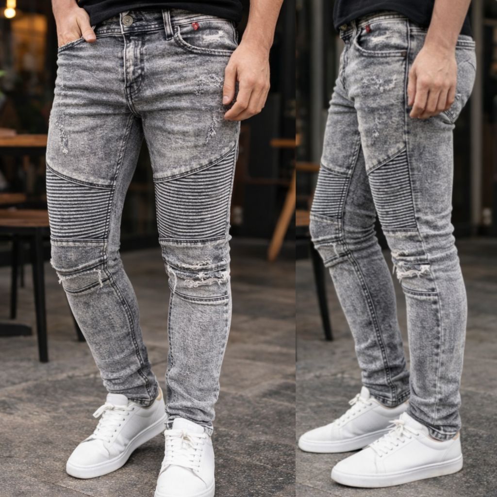 Celana Pria Jeans Bikers Hitam Polos Sobek Ripped