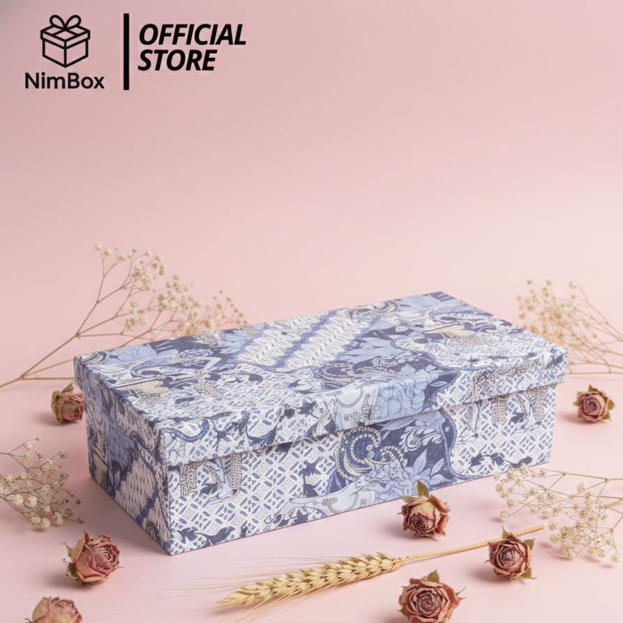 Nim Box Kotak Penyimpanan Barang Motif Kertas Kado Batik Biru Hardbox Lepas Pasang 24x15x9 Kotak Kad
