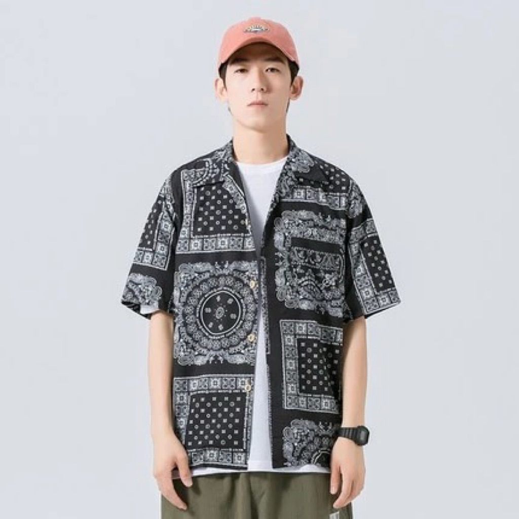 Kemeja Pria Motif Bandana Paisley Lengan Pendek | Vintage Summer Shirt