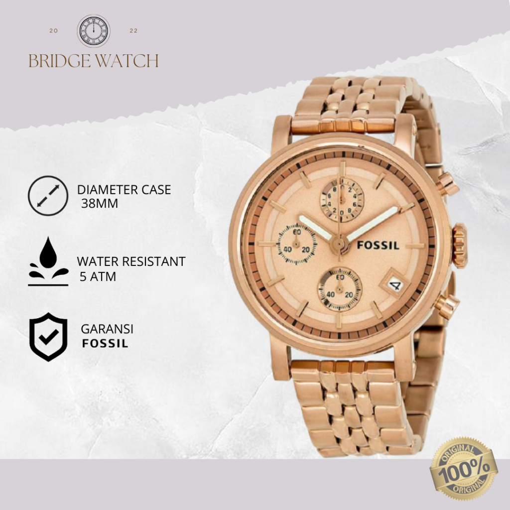 Jam Tangan Wanita Fossil ES3380 Original Boyfriend Chronograph Rose Tone Stainless Steel Watch Mewah