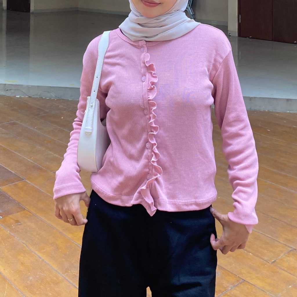 CARDIGAN CROP RUFFLE / CARDY RIB KNIT OUTER ATASAN WANITA RUFFLE CARDI