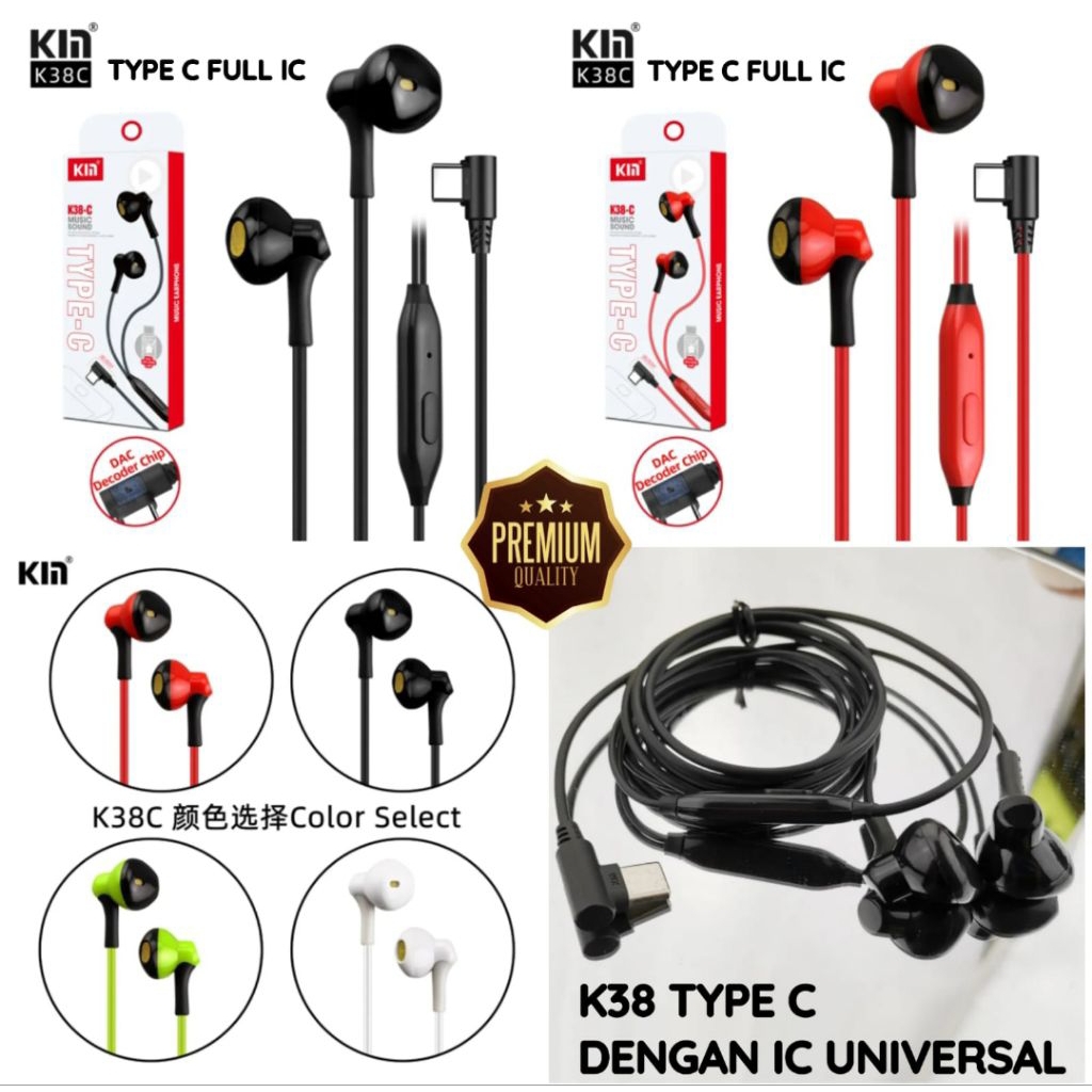 ELCOM Earphone Gaming Type C L-Shape KYIN K38C DAC Chip Digital Audio Bass Mantap - Headset Type-C F