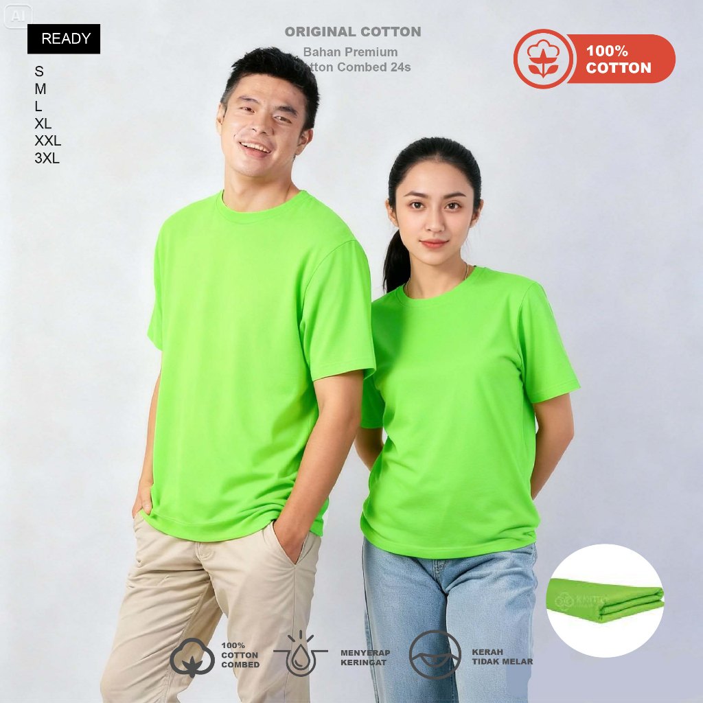 KAOS POLOS PENDEK HIJAU STABILO - ONECK PENDEK HIJAU STABILO - KATUN COMBED 24S -  100% KATUN - UNIS