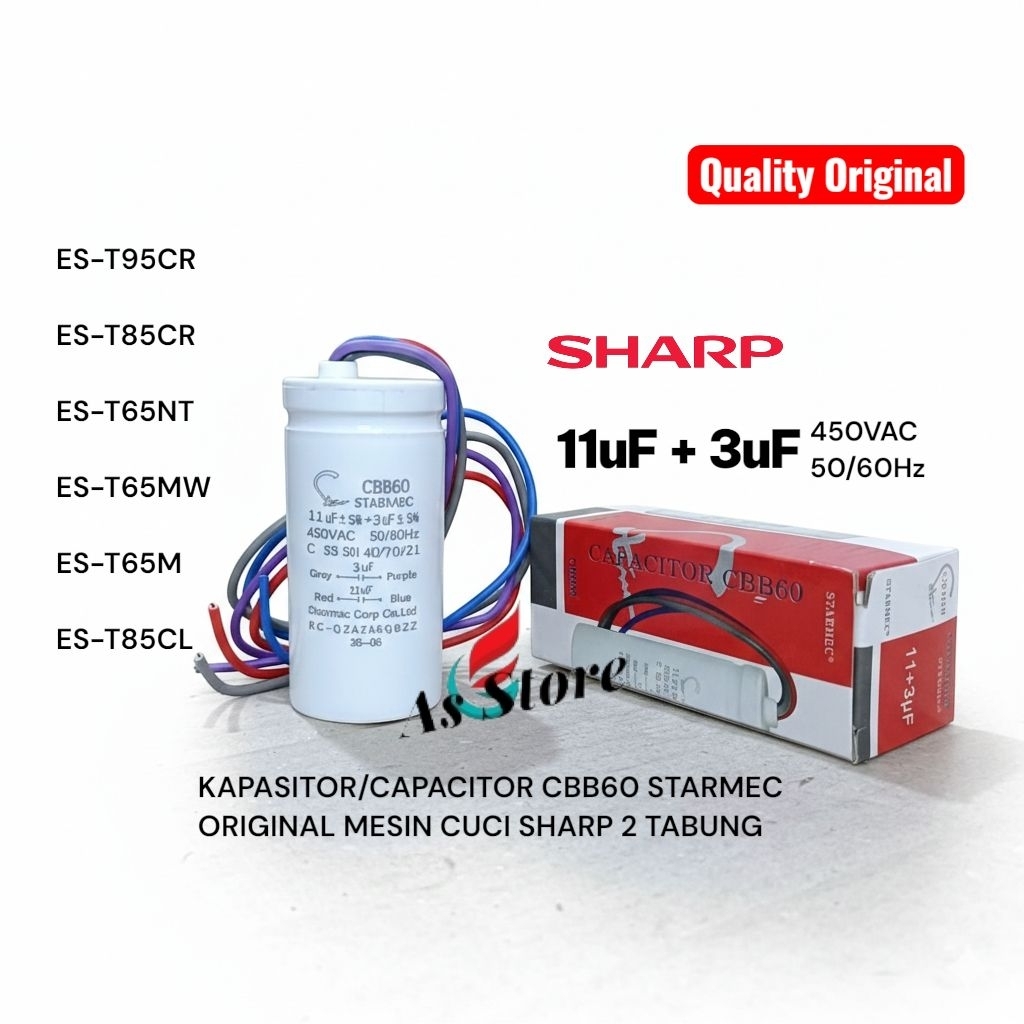 Kapasitor/Capacitor 11uF+3uF CBB60 Original STARMEC Sharp Mesin cuci 2 Tabung ES-T95CR ES-T85CL ES-T