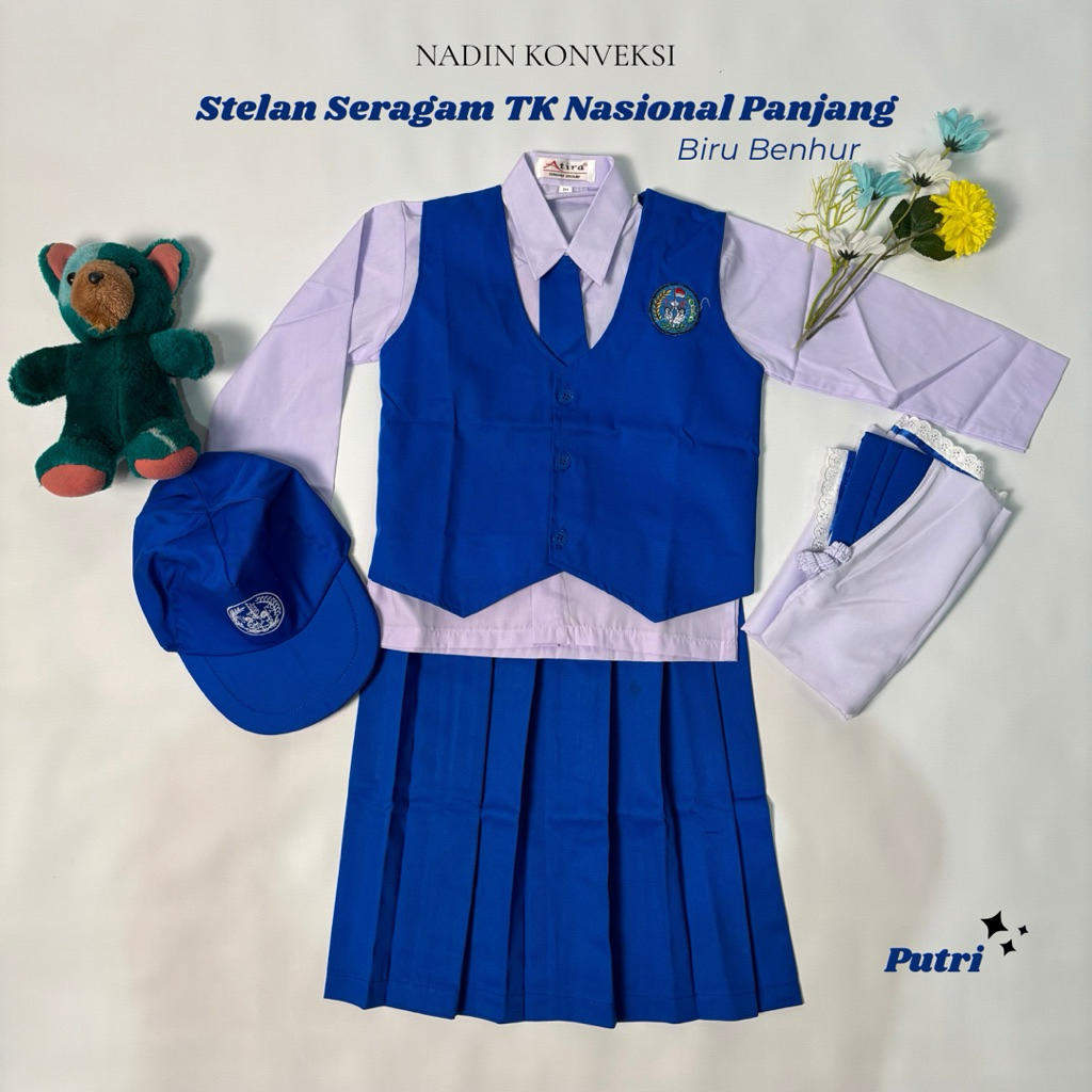 STELAN SERAGAM BAJU TK NASIONAL PANJANG - BIRU BENHUR #391 PUTRI