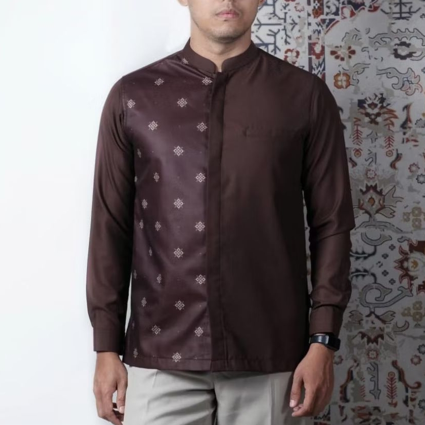 Baju Kemeja Koko Pria Kombinasi Batik Warna Mahogany