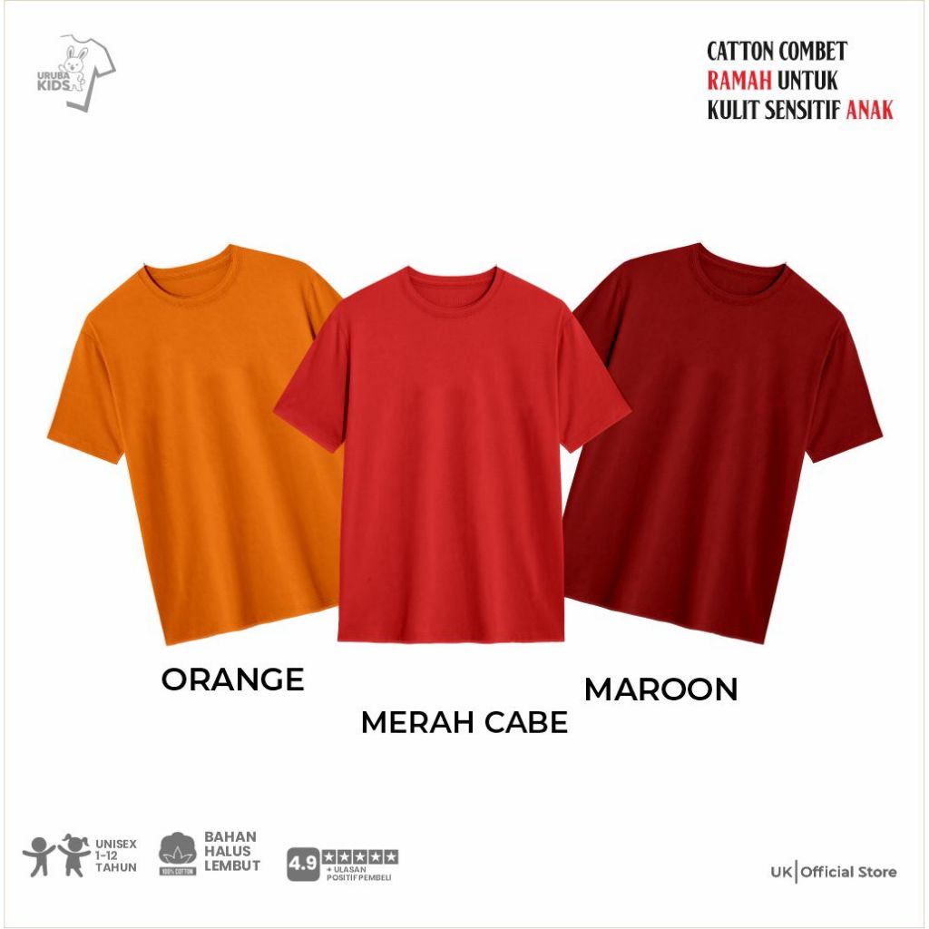 KAOS ANAK  POLOS  COTTON  COMBED 30S PREMIUM LENGAN  PENDEK LAKI  KATUN UNISEX PEREMPUAN WARNA MERAH