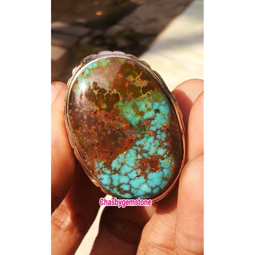 Batu Pirus Persia jumbo biru fancy-Pirus Persia serat kura motif Angka 3