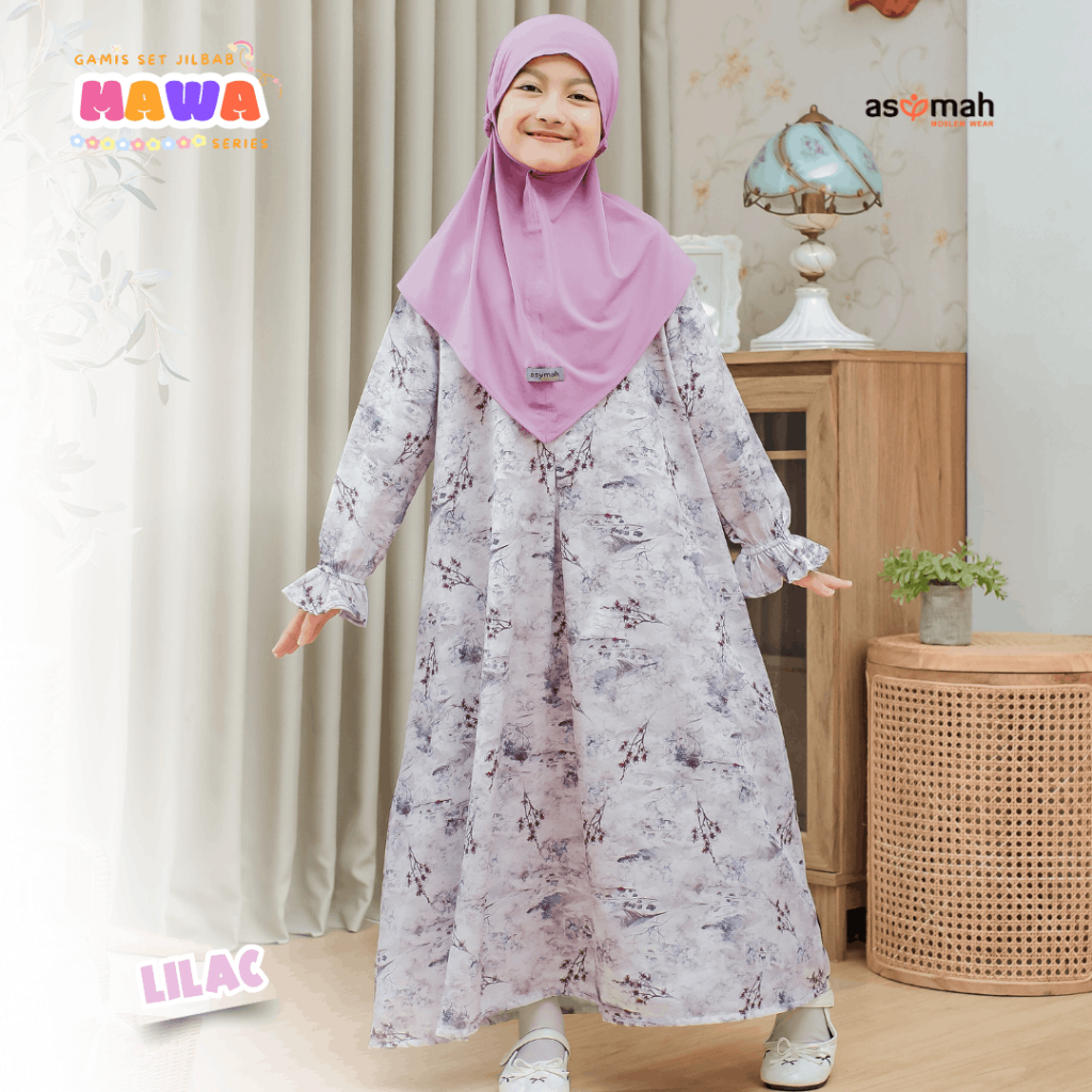 ASYMAH - Gamis Anak Perempuan Warna Lilac Lionel Richie Dress Muslim Anak Motif Bunga Set Hijab Mawa