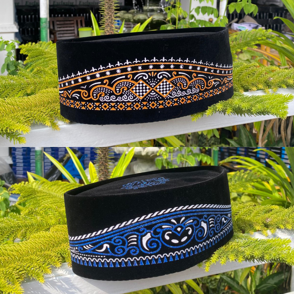Peci Batik Sablon Kuning, Batik Sablon Biru, Peci hitam bludru Premium Nyaman dipakai