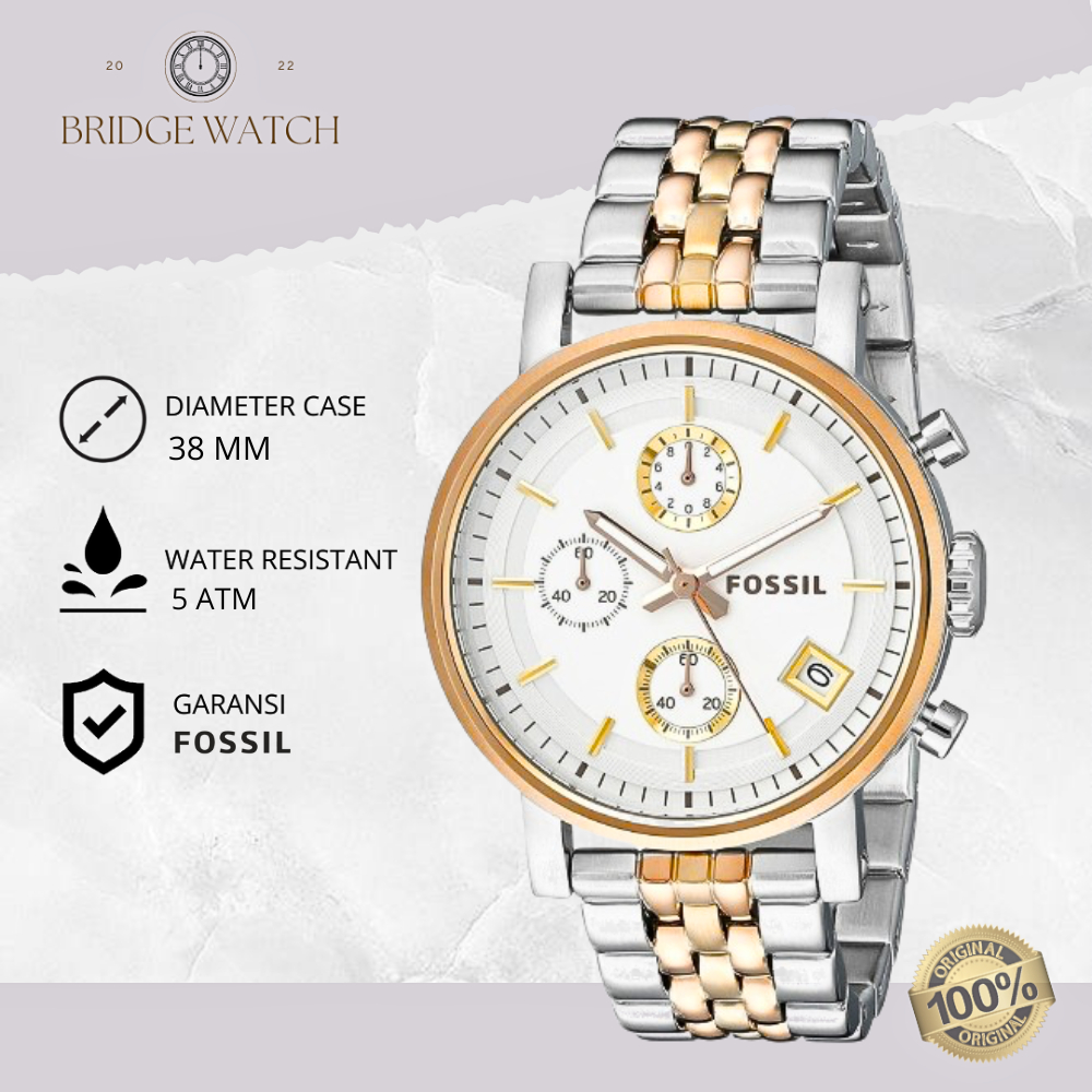 Jam Tangan Wanita Fossil Boyfriend ES3840 Chronograph Silver Rosegold Stainless Steel Mewah Original