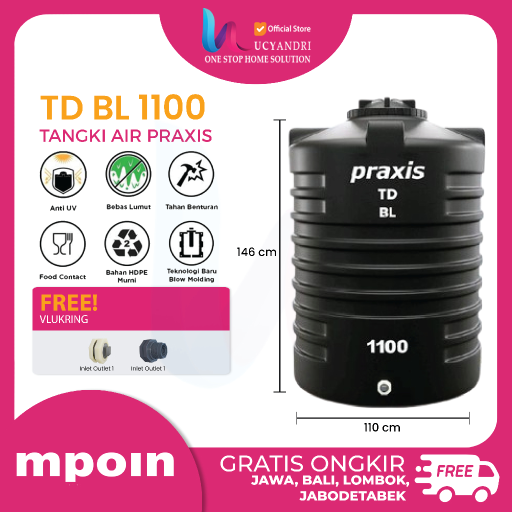 Tangki Air Plastik Praxis TDBL 1100L – Tandon Air Toren Air Berkualitas & Food Grade