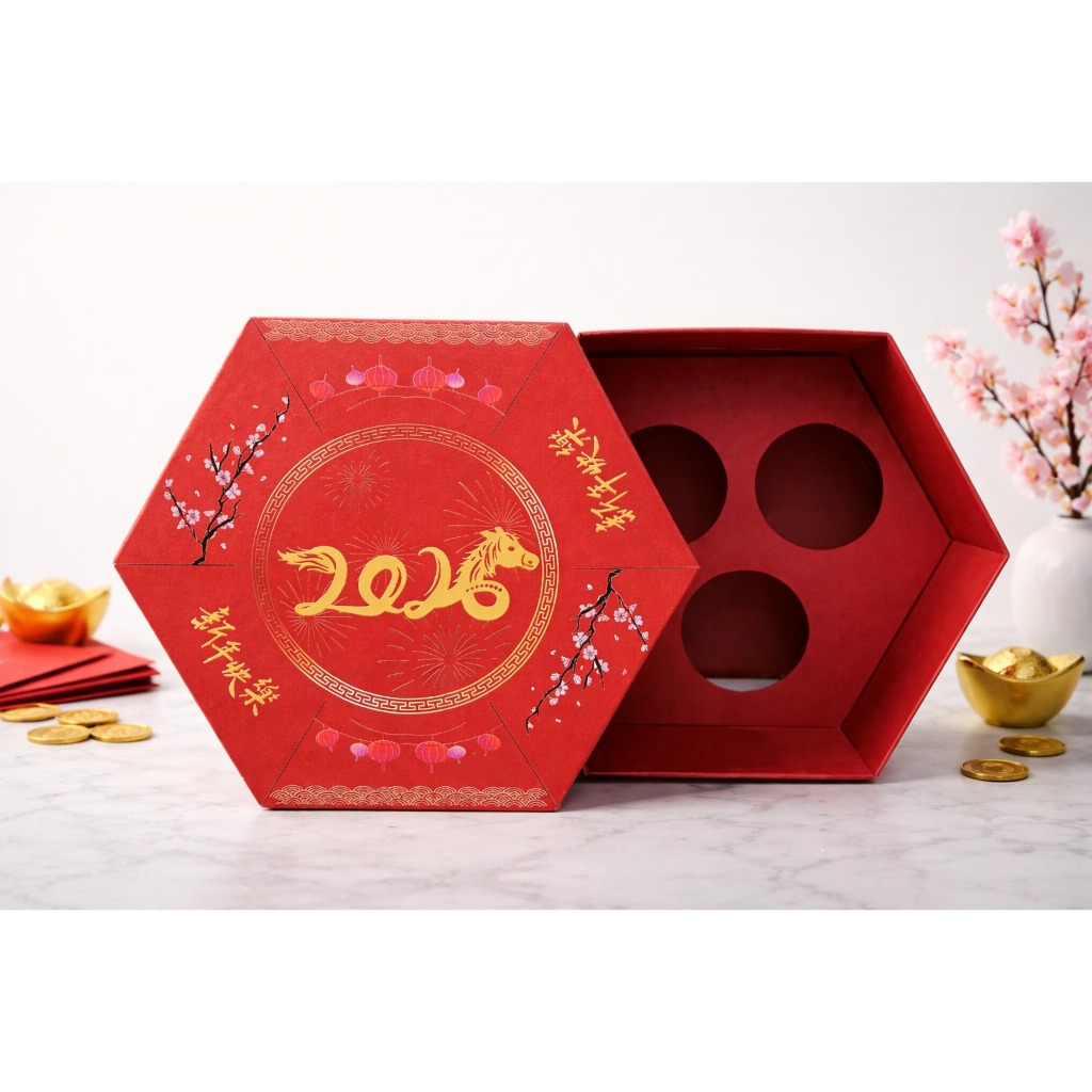 Hardbox Imlek Hexagon Premium 2026 / Box Hampers Imlek Premium 2026 / Prosperity Hexagon Box - Chine