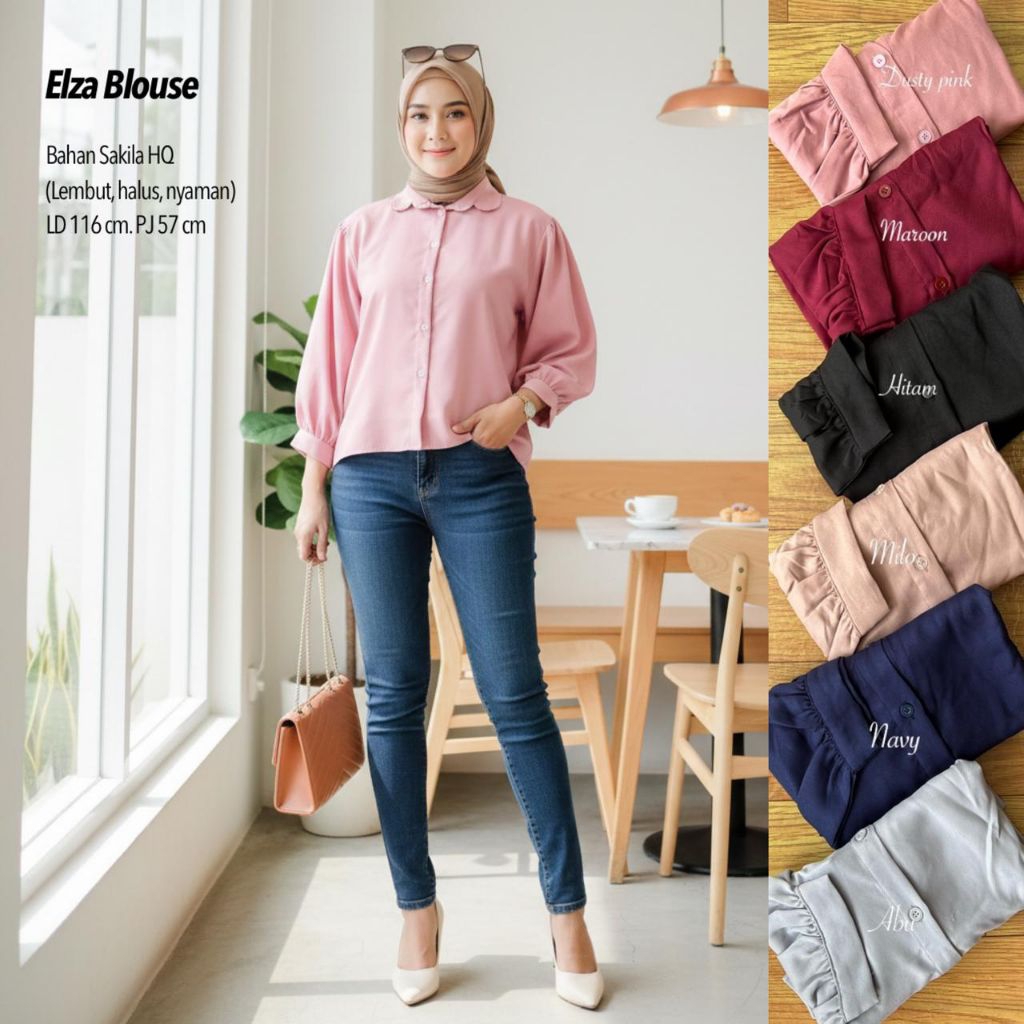 KEMEJA WANITA ELZE BLOUSE LENGAN PUFFY POLOS BAHAN SHAKILA