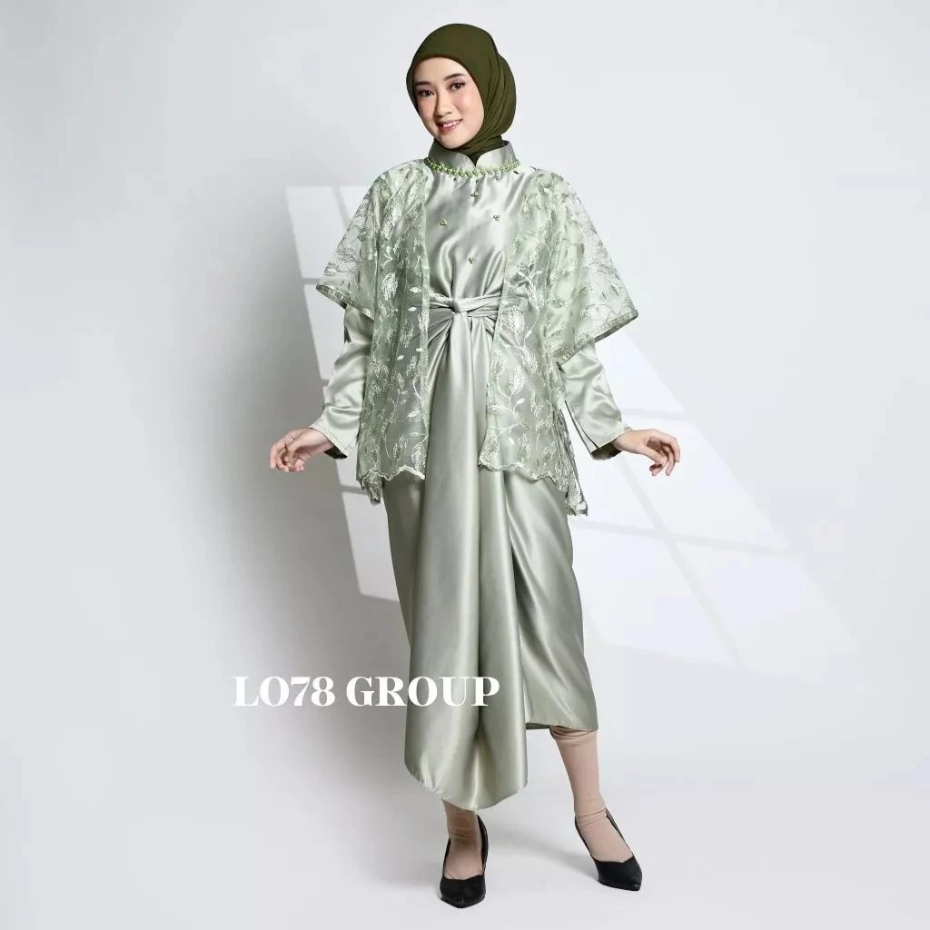 Gamis Satin Brokat Motif Mutiara Inner Outer Sage Green Rose Kemeja L XL XXL