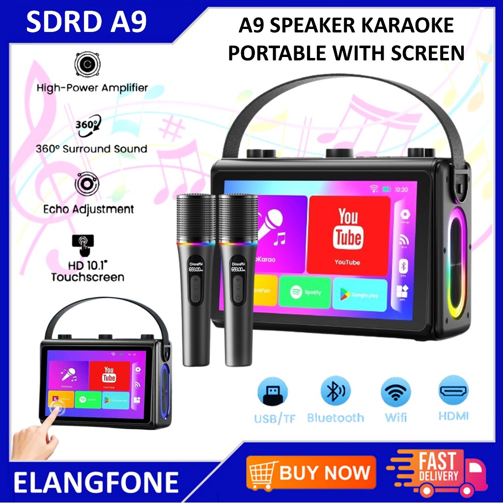 SDRD A9/A6 Speaker Karaoke Portable dengan LED Layar Sentuh Dual Microphone Wireless