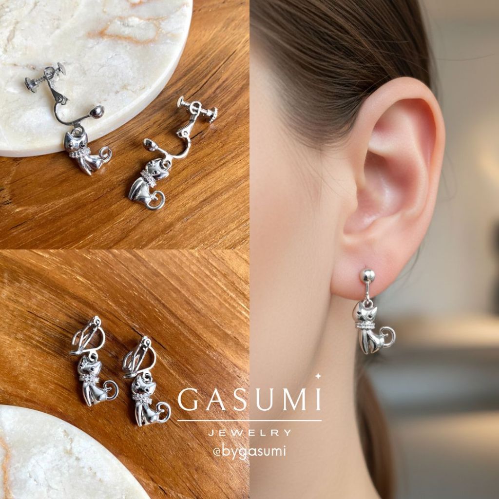 CATTY - Anting Jepit Sekrup Klip Tanpa Tindik Earclip Clip Earrings Kucing Cat Kitten Kristal Crysta