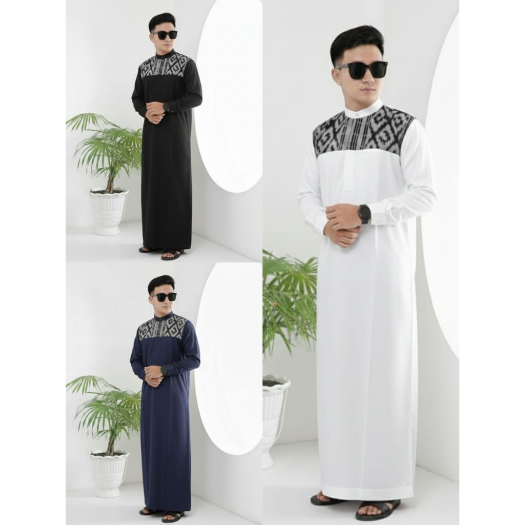 Jubah Pria Lengan Panjang Kombinasi Tenun Ikat - Gamis Muslim Modern Etnik