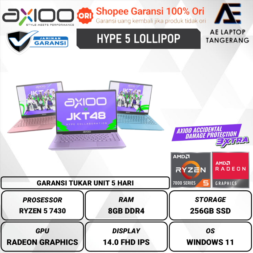 Axioo Hype 5 AMD X5-2 Lollipop AMD Ryzen 5 7430 8GB 256GB Windows 11 14.0 inch FHD IPS