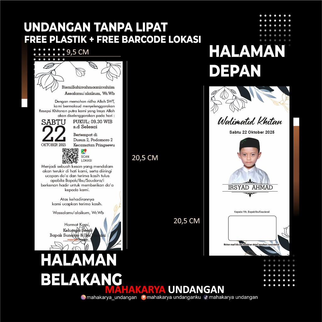 UNDANGAN KHITANAN AESTHETHIC SIMPLE - 1 LEMBAR TANPA LIPAT - 001 - FREE PLASTIK