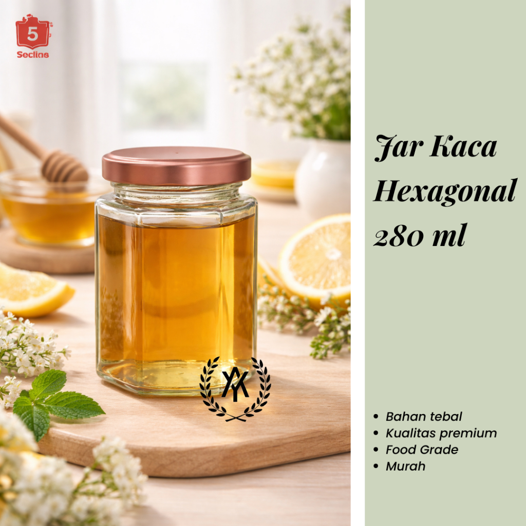 Jar Kaca Hexagonal 280 ml - Toples Kaca Segienam Tutup Rose Gold Murah - Wadah Madu Sambal Souvenir