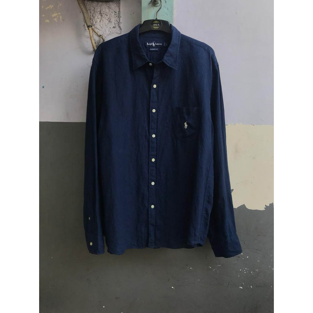 kemeja Ralph Lauren navy linen polos lengan panjang preloved rl.1.10