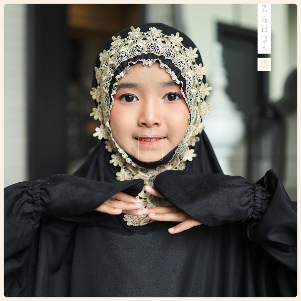 ZAHQA - Mukena Terusan Anak SD 1-3 Abaya Hadramaut Katun Micro Premium Polos Renda Gipper Qisya