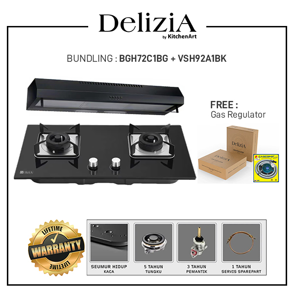 PAKET BUNDLING - Delizia Kompor Tanam 2 tungku / Built-in Gas Hob 72 Cm BGH72.C1BG + Slim Hood VSH92