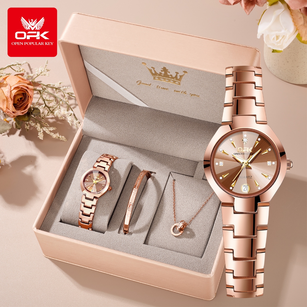 OPK Jam Tangan Wanita Anti Air Kecil Original Cewek Murah Terbaru Analog Mawar Emas Women Set Watch