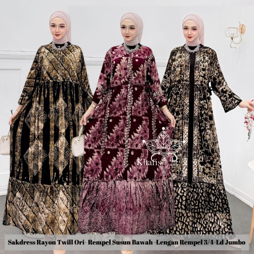 gamis twill terbaru kekinian dress wanita muslim bahan twill rayon ori motif batik cap pekalongan