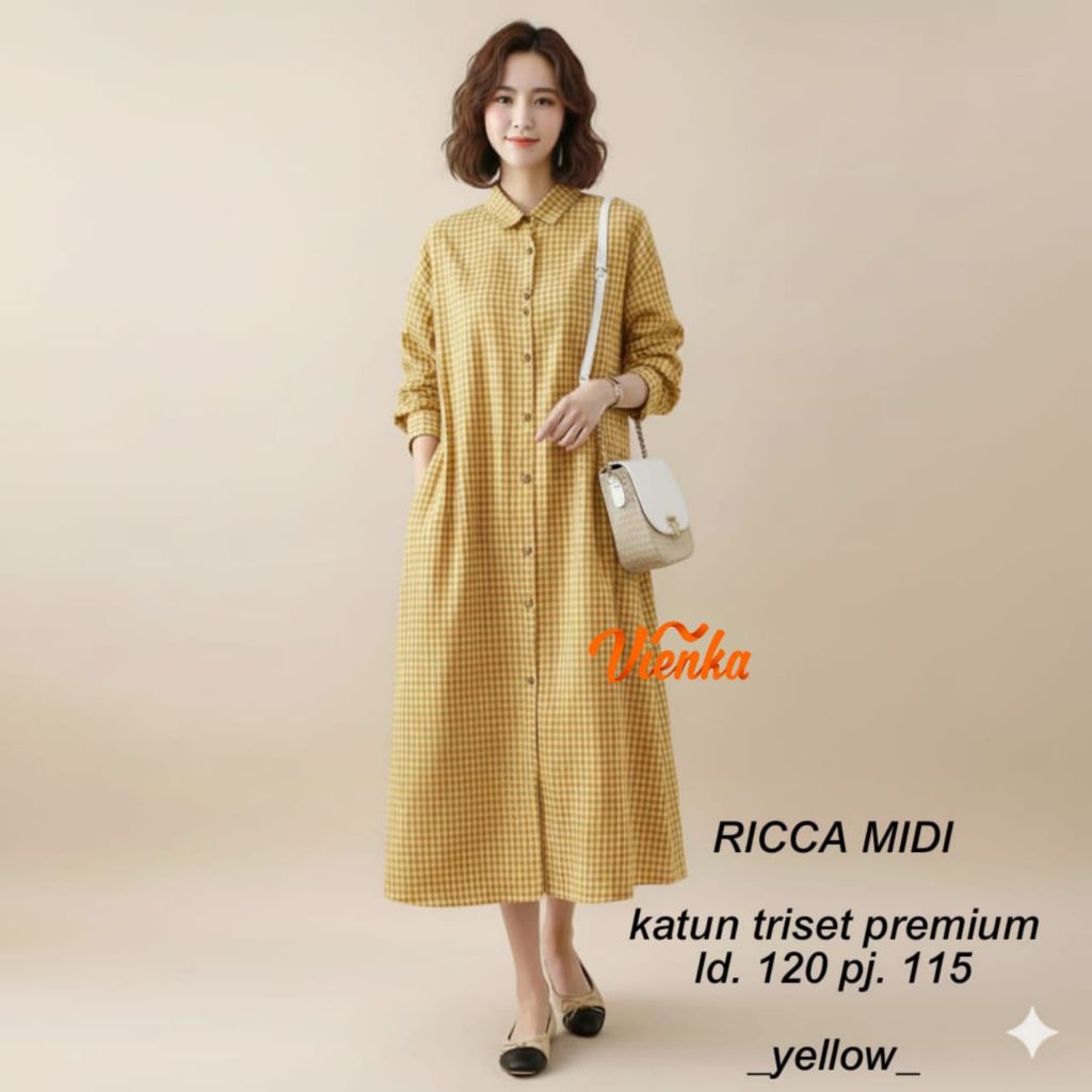 RICCA MIDI DRES JUMBO LD 120 KATUN TRISET MOTIF MOTIF KOTAK TERBARU BAJU DRESS WANITA BUSUI LENGAN P