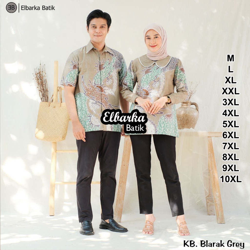 Elbarka Batik - Couple Atasan Batik Pria Wanita Jumbo - Kemeja Lengan Pendek - Blus Kerah Daun Bigsi