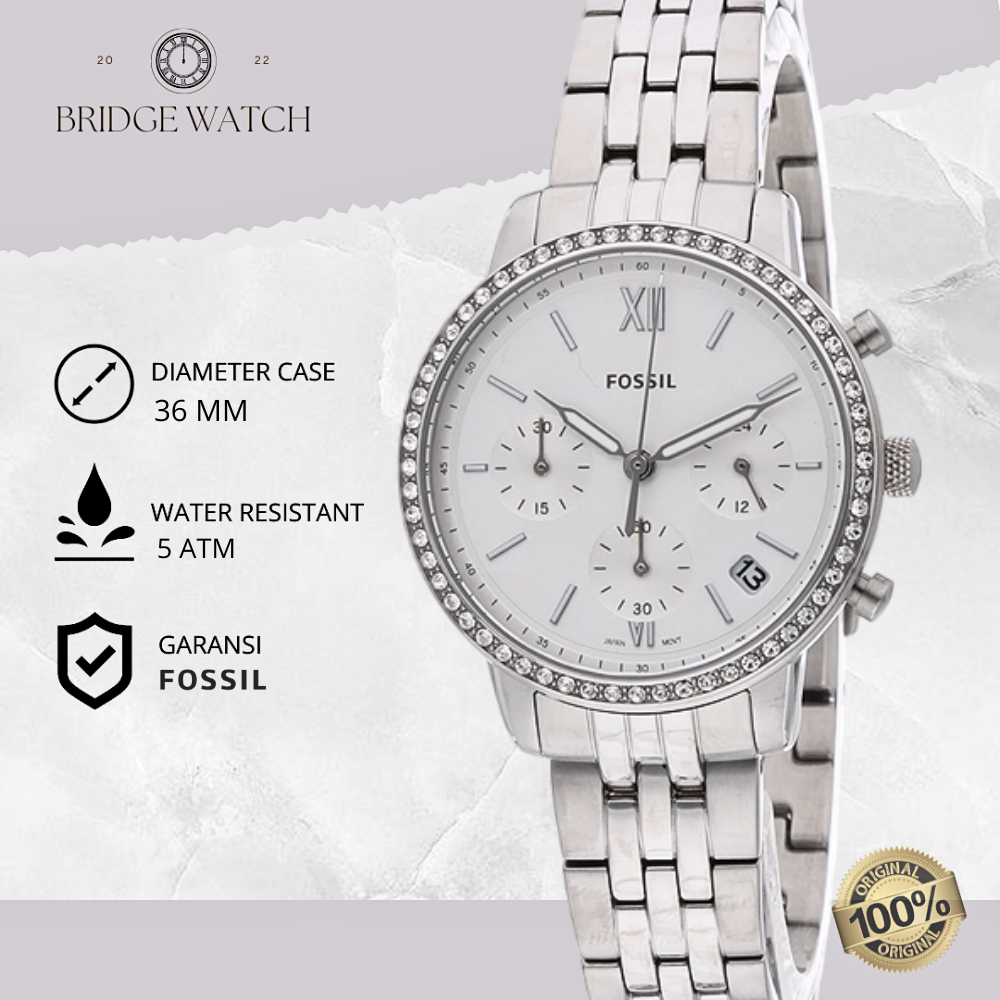 Jam Tangan Wanita Fossil ES5217 Neutra Chronograph Silver Stainless Steel Strap Rantai Mewah Origina