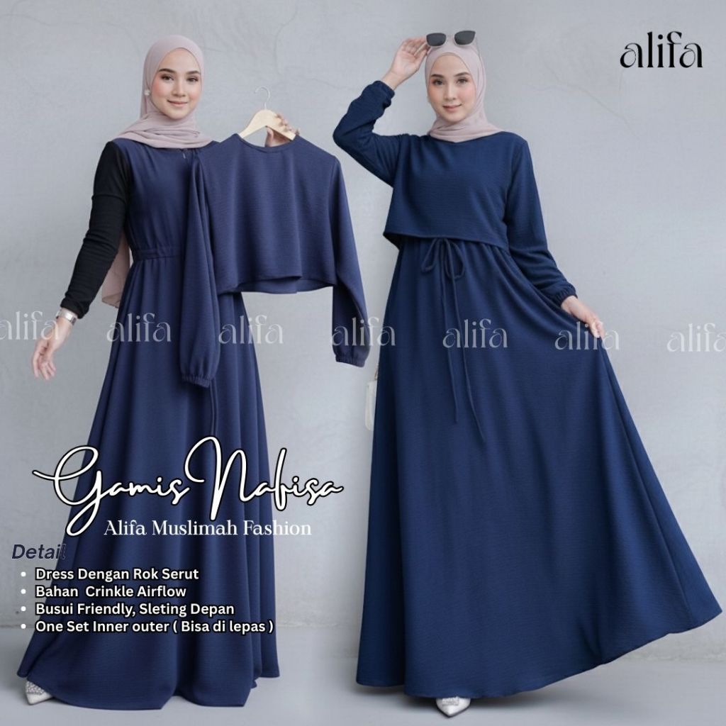 Gamis Navy Polos / Dress Muslim Biru Dongker Bahan Crinkle Airflow Busui Friendly untuk  Lebaran